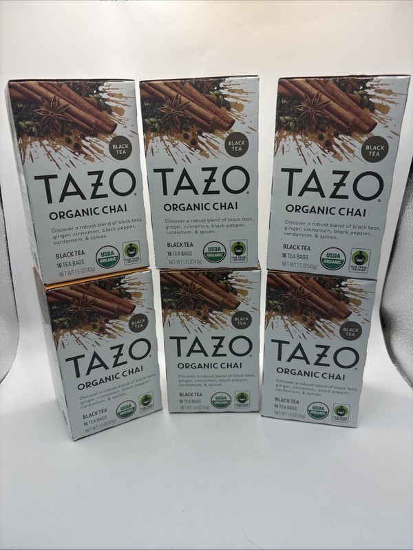 6 BOXES TAZO Organic Chai Black Tea Bags, Caffeinated tea, 16 Total Bags