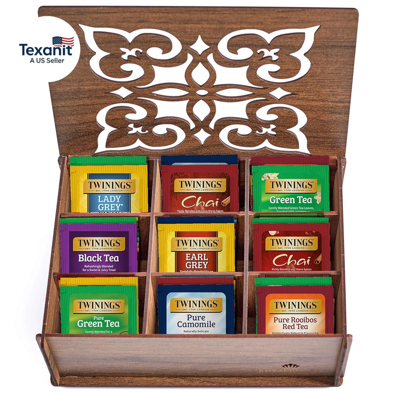 Tea Bag Sampler Variety with Walnut Wooden Organizer (60 Count) 40 Different Fla gallery