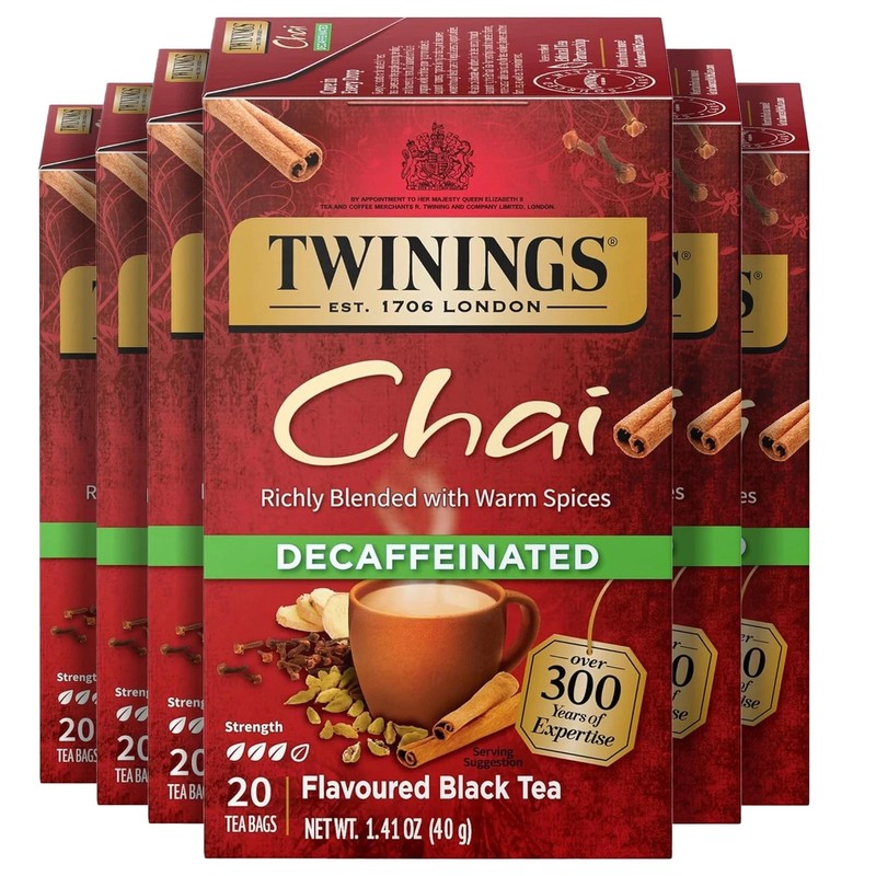 Twinings Decaffeinated Chai Individually Wrapped Bags, 20 Count Pack of 6