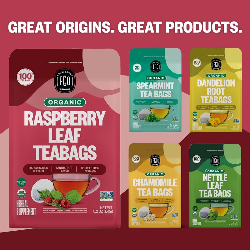 FGO Organic Red Raspberry Leaf Tea Bags, 100 Eco-Conscious Tea Bags, Caffeine... gallery