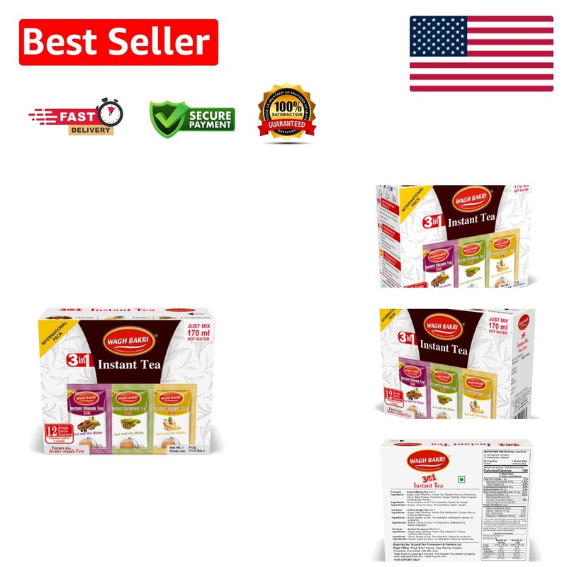 Instant Tea Premix Delight: Masala, Cardamom & Ginger – 4 Sachets Each, 12 Total