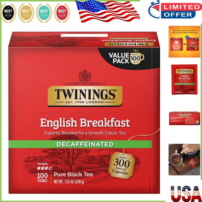 100 Count Decaffeinated English Breakfast Tea Bags – Perfect for Hot or Iced