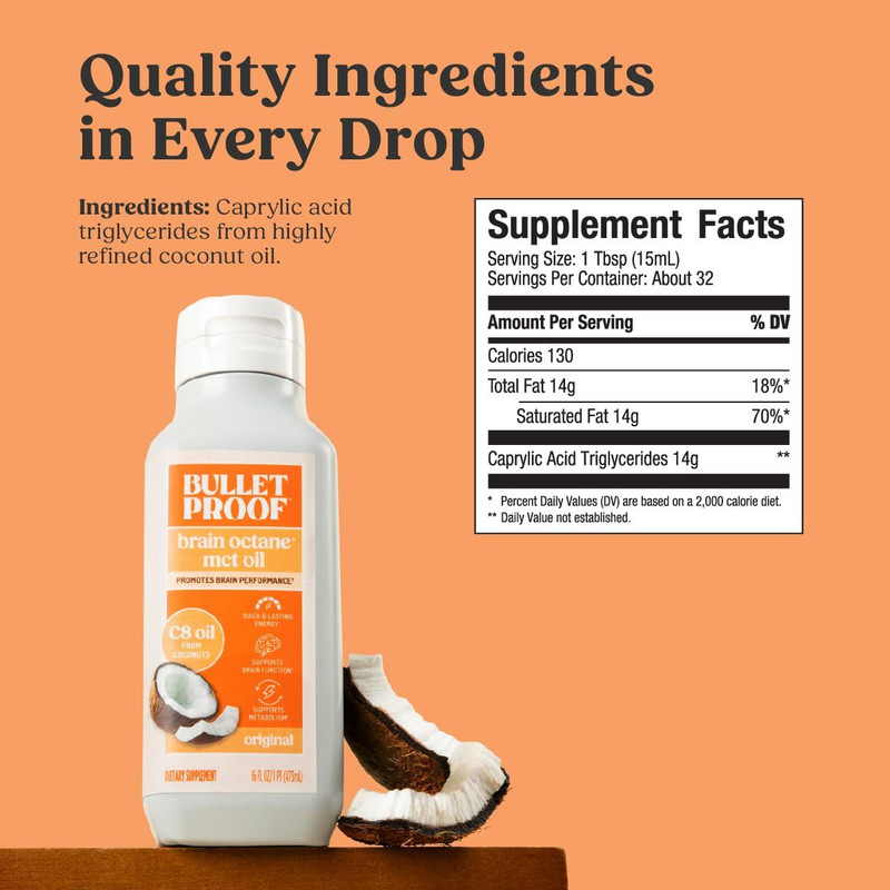 Bulletproof Brain Octane C8 MCT Oil, 16 oz – 16.00 Fl Oz (Pack of 1), Clear gallery