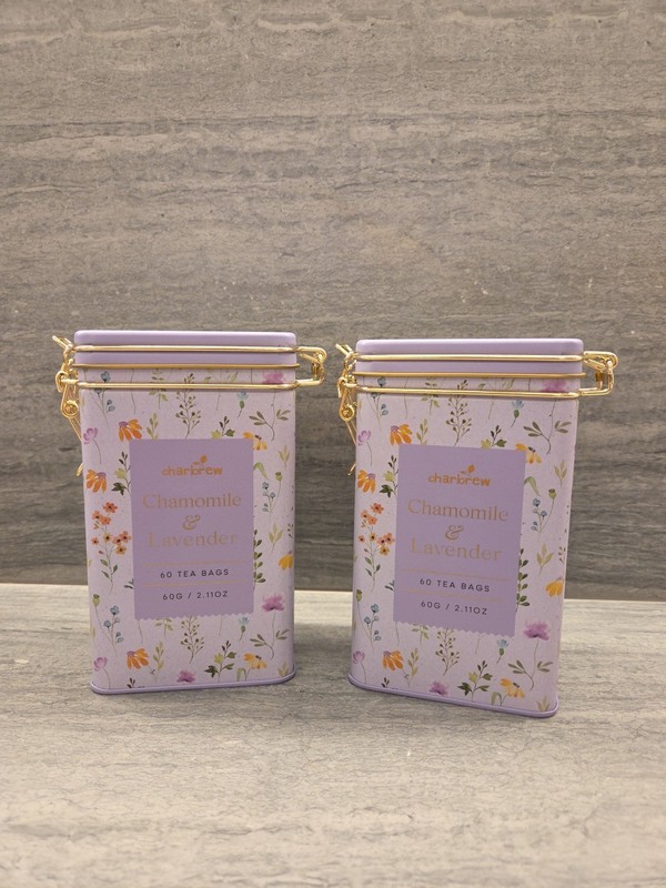 Charbrew Tea – 2 Pretty Collectible Caddies Locking Tins – Chamomile & Lavender