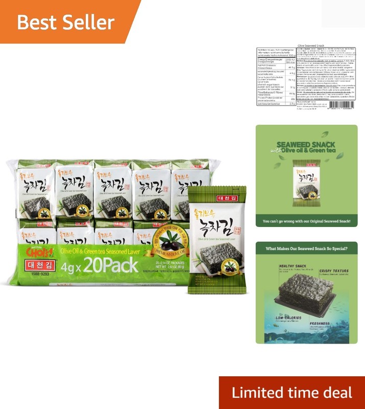 Daechun Seaweed Snack, Pack of 20, , Sea Salt, Green Tea Powder, Product of K…