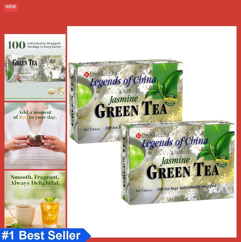 Jasmine Green Tea Individually Wrapped Bags Antioxidant-Rich 100 Count 2-Pack