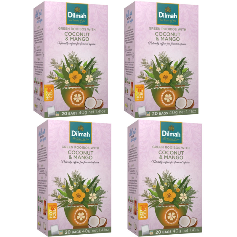 Dilmah Green Rooibos Coconut Mango Tea 20 Bags Tropical Herbal Tea (Pack Of 4)