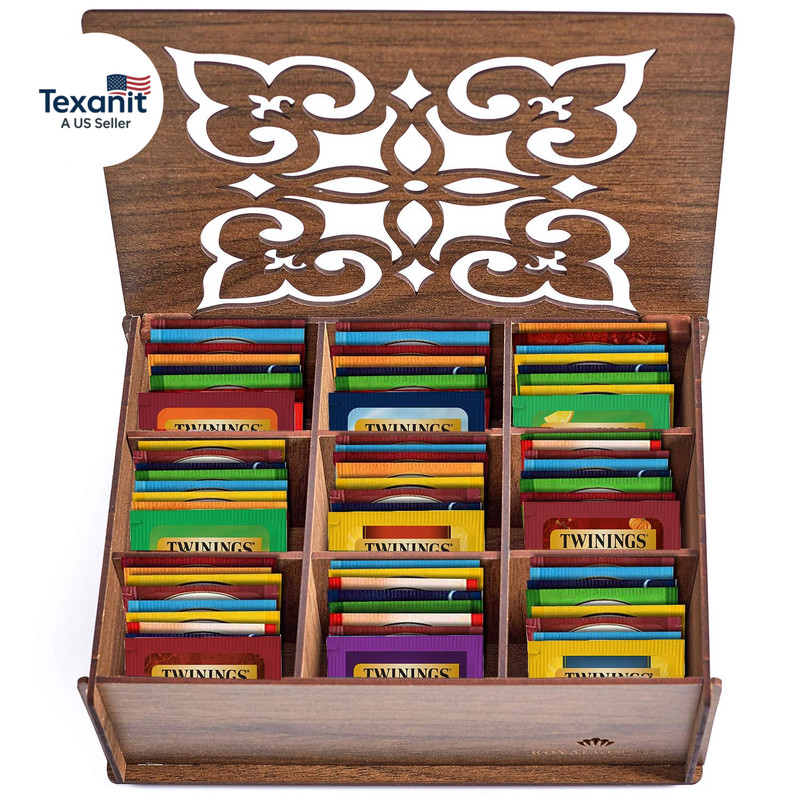 Tea Bag Sampler Variety with Walnut Wooden Organizer (60 Count) 40 Different Fla