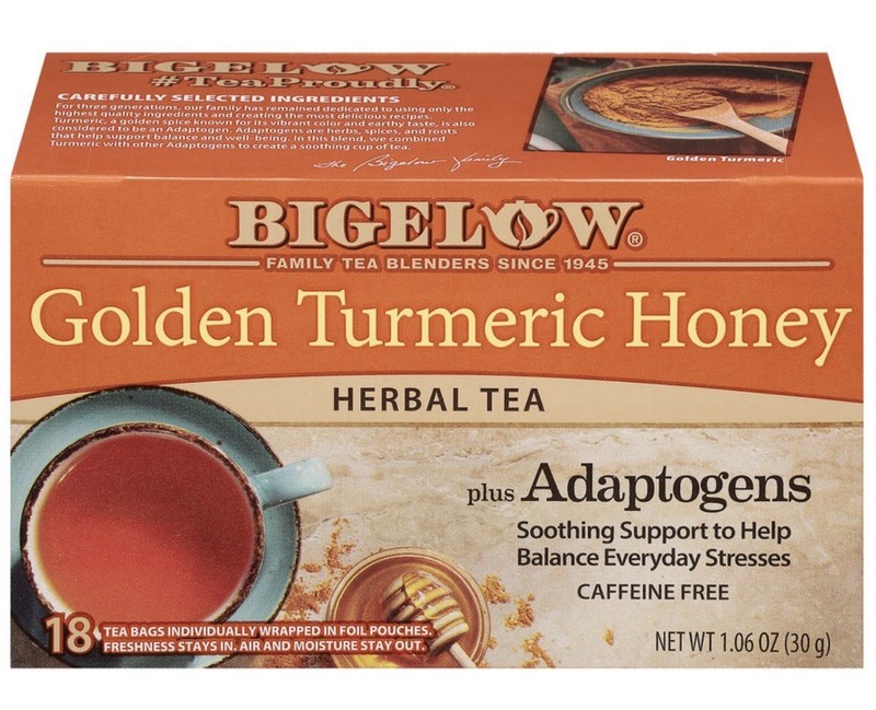 Bigelow Golden Turmeric Honey Adaptogens Herbal Tea, Caffeine Free, 18 Bags