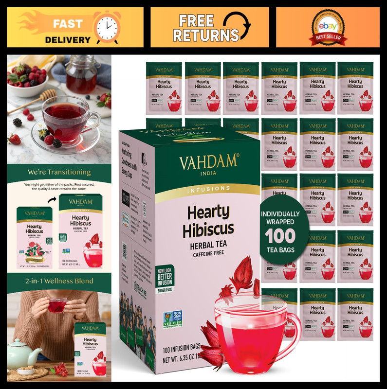 Caffeine-Free Hibiscus Tea Bags – 100 Non-GMO Eco-Friendly Individually Wrapped