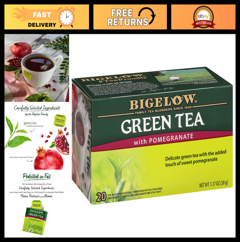 Caffeinated Green Tea with Pomegranate – 120 Bags, 20 Count Boxes (Pack of 6)