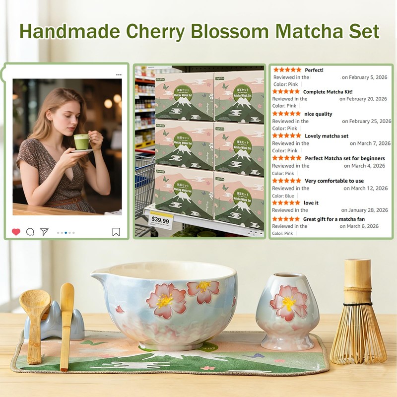 Matcha Whisk Set，9 Pcs Ceramic Matcha Set, 15 OZ Matcha Bowl with Spout and W... gallery