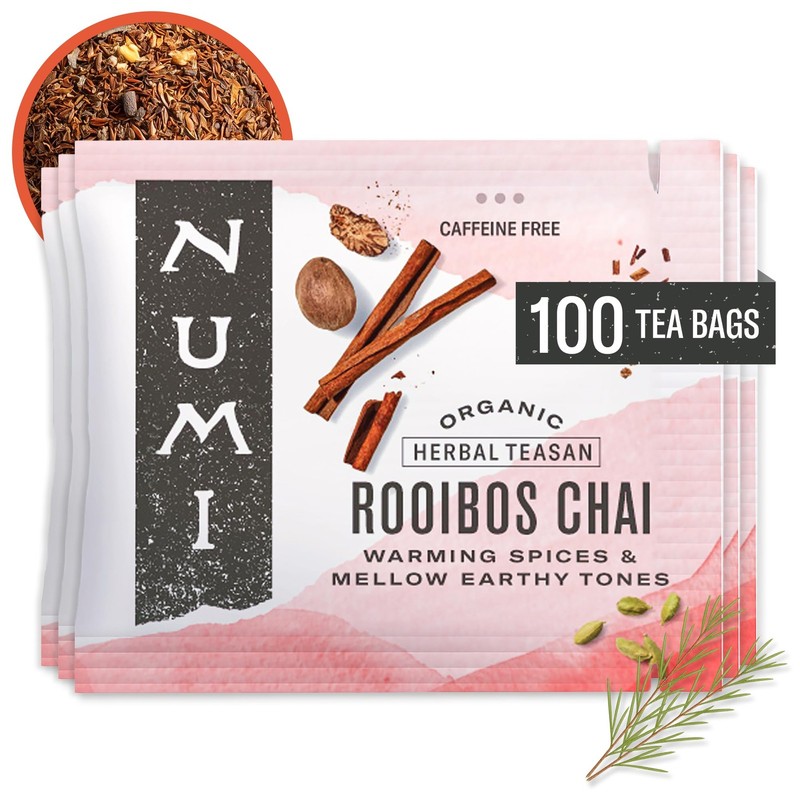Numi Organic Rooibos Chai Tea, 100 Tea Bags, Herbal Red Tea with Cinnamon,
