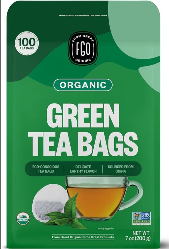 FGO Organic Green Tea Bags Bagged USDA Organic Non-GMO 100 Count 7oz 200g