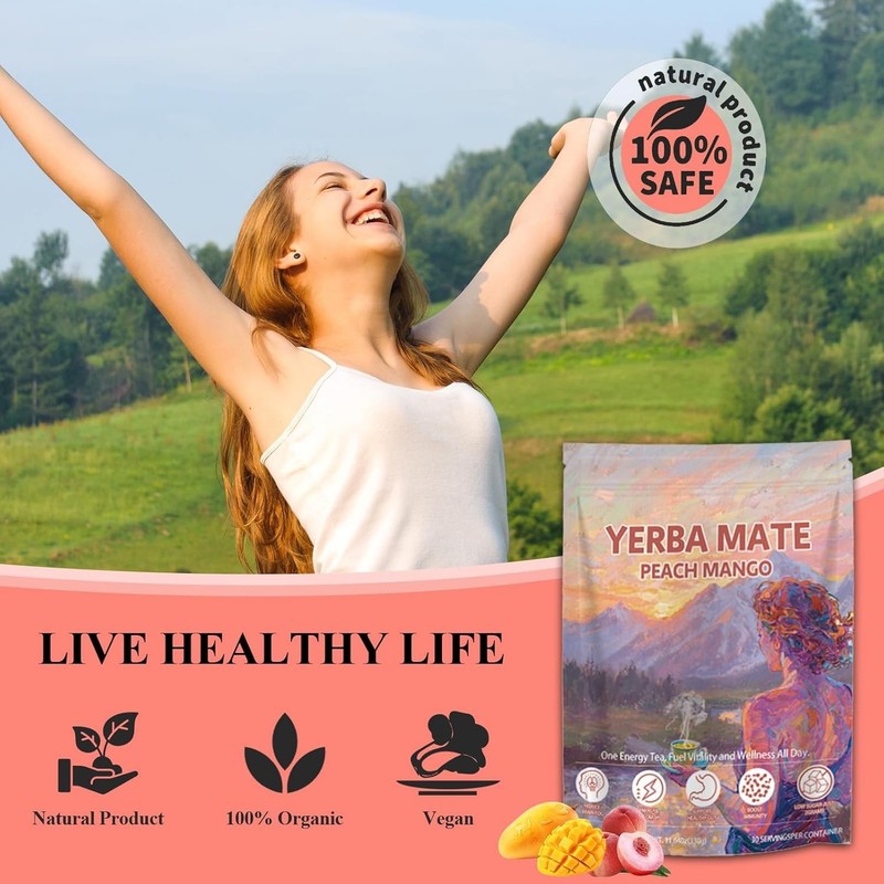 Instant Yerba Mate Tea - Peach Mango Flavor, Digestive Support, 30 Servings gallery