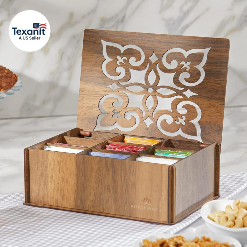 Tea Bag Sampler Variety with Walnut Wooden Organizer (60 Count) 40 Different Fla gallery