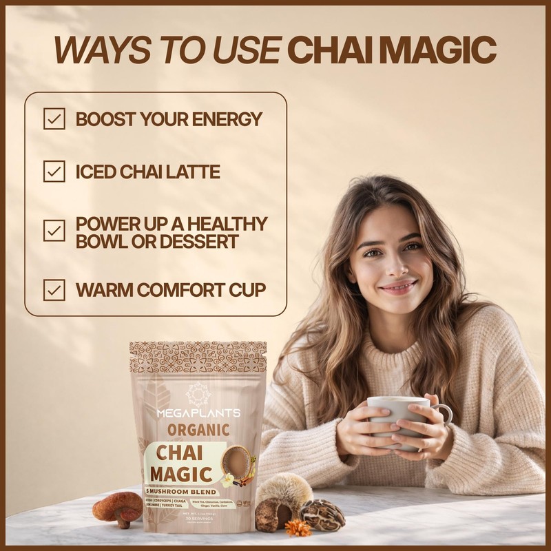 MEGAPLANTS Adaptogenic Mushroom Chai Tea (30 Servings) | No Crash Energy & Fo... gallery
