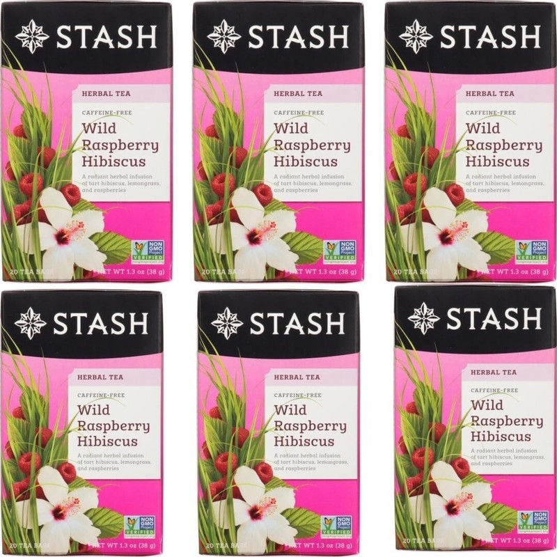 6-Pack Stash Wild Raspberry Hibiscus Caffeine Free Herbal Tea, 20 Tea Bags Each