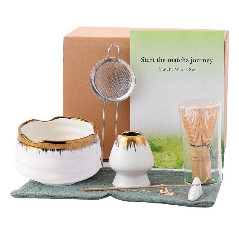 Matcha Whisk Set Golden Texture Ceramic Bowl Kit 7 Pc Gift for Beginners