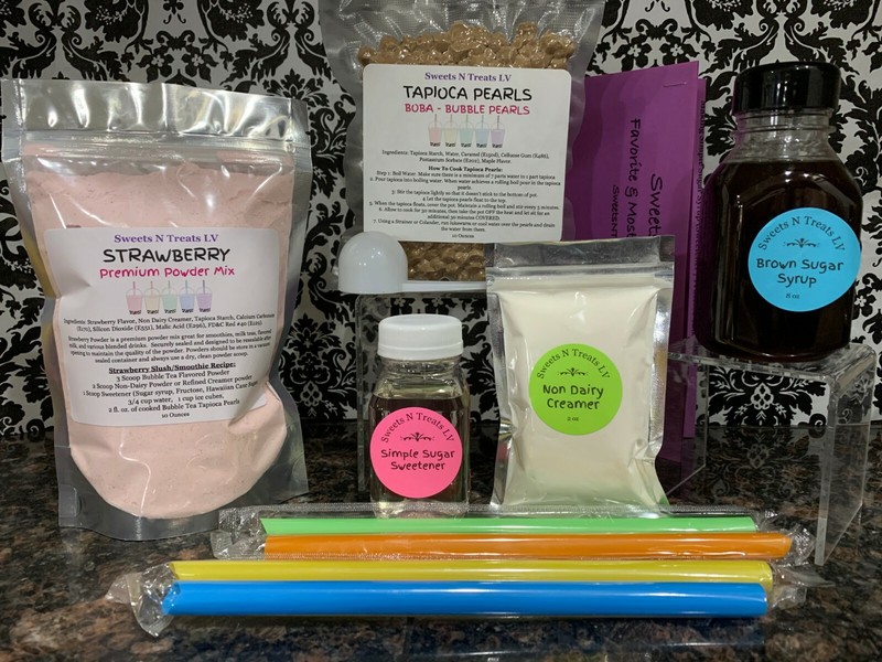 STRAWBERRY Powder Boba Bubble Tea Tapioca Pearls Brown Sugar Syrup DIY KIT New