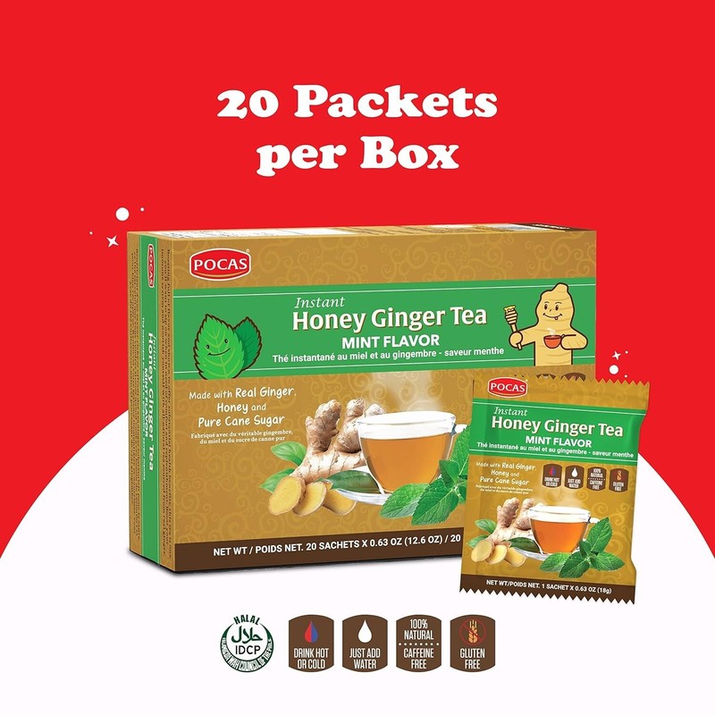 Pocas Honey Ginger Tea Mint Flavor Instant Non GMO Gluten Caffeine Free 20 Ct
