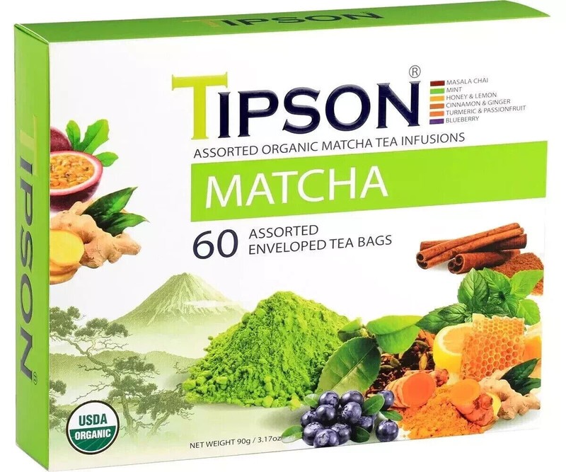 Tipson Organic MATCHA Variety Tea Sampler (60 Tea Bags), Green Tea Infusions