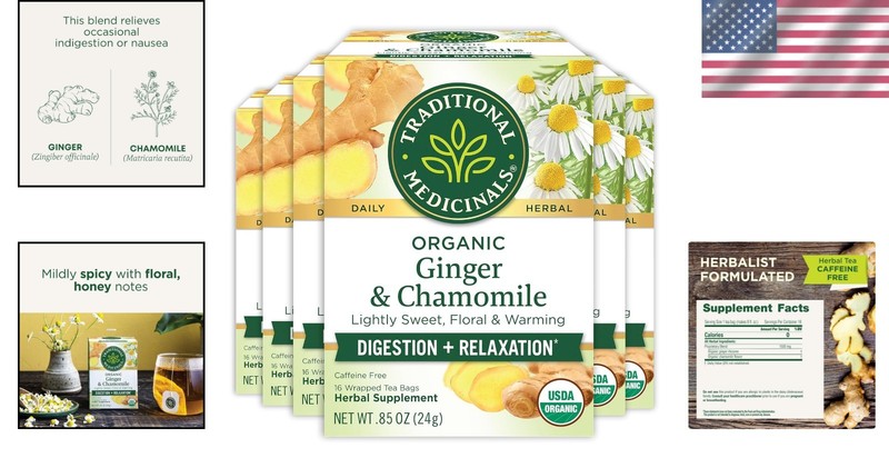 Natural Digestive Support - Organic Ginger & Chamomile Tea - 96 Count Pack of 6 gallery