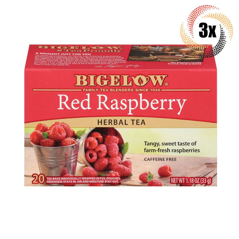 3x Boxes Bigelow Red Raspberry Herbal Tea | 20 Pouches Per Box | 1.18oz