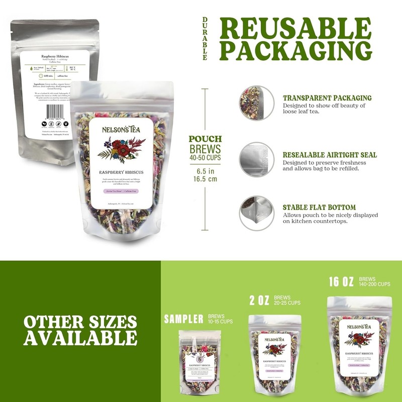 Nelson's Tea Raspberry Hibiscus Tea - Caffeine Free, Cut & Sifted Green - 4oz gallery