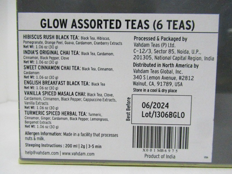 Vahdam Glow Assorted Loose Teas Gift Set 6-TIN Hibiscus Chai Herbal English gallery