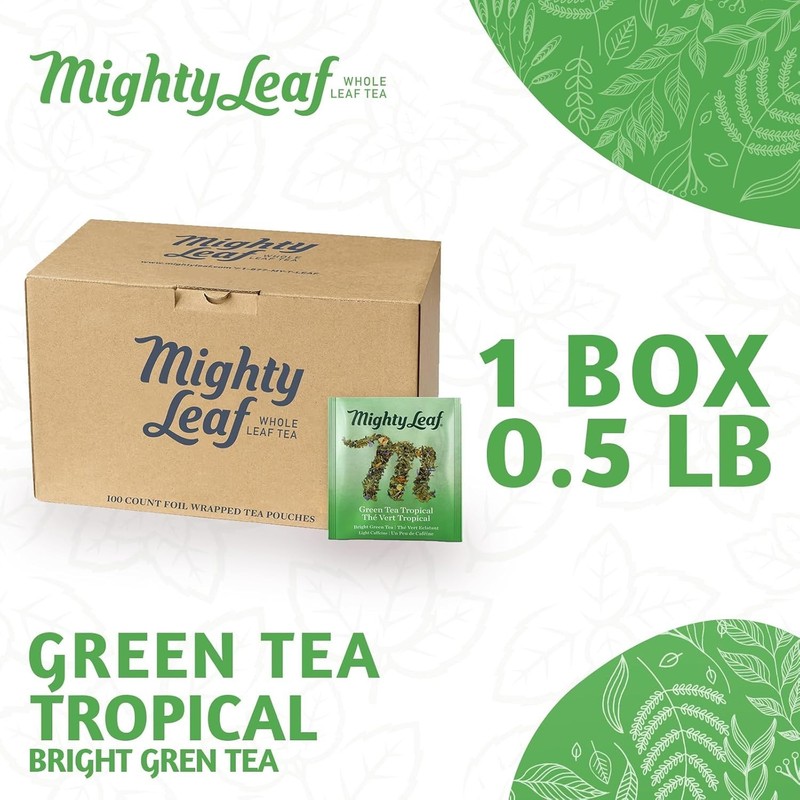 Green Tea Tropical – 100 Count Whole Leaf Green Tea Bags – Pyramid Sachets wi... gallery