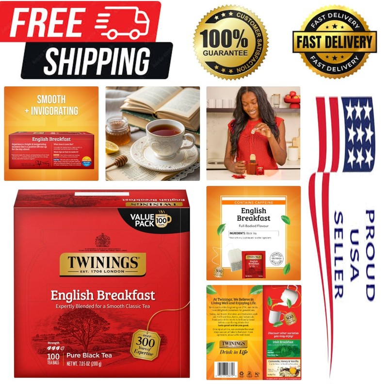 Caffeinated English Breakfast Tea – 100 Smooth Flavorful Bags for Hot or Iced