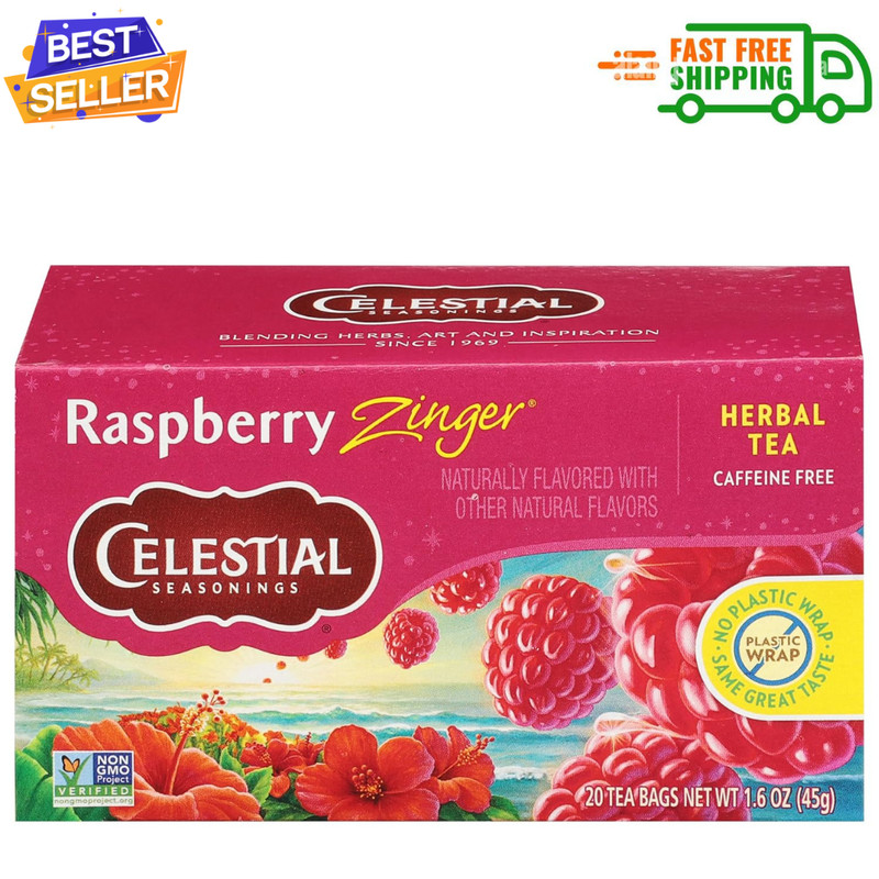 Celestial Seasonings Raspberry Zinger Herbal Tea, Caffeine Free – 20 Tea Bags