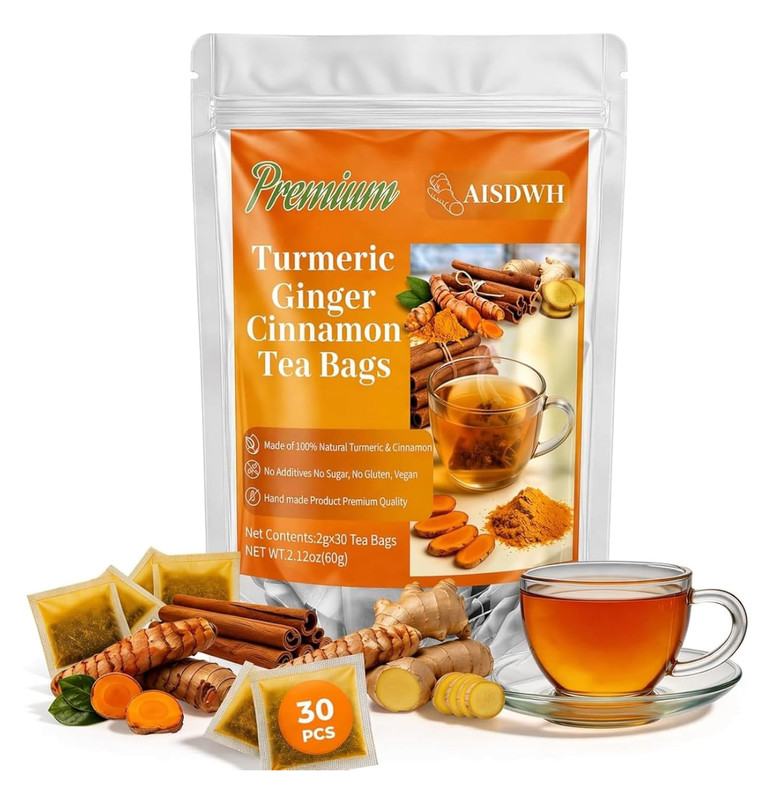 30 Premium Turmeric Ginger Cinnamon Tea Bags, 100% Natural Ingredients Herbal Te