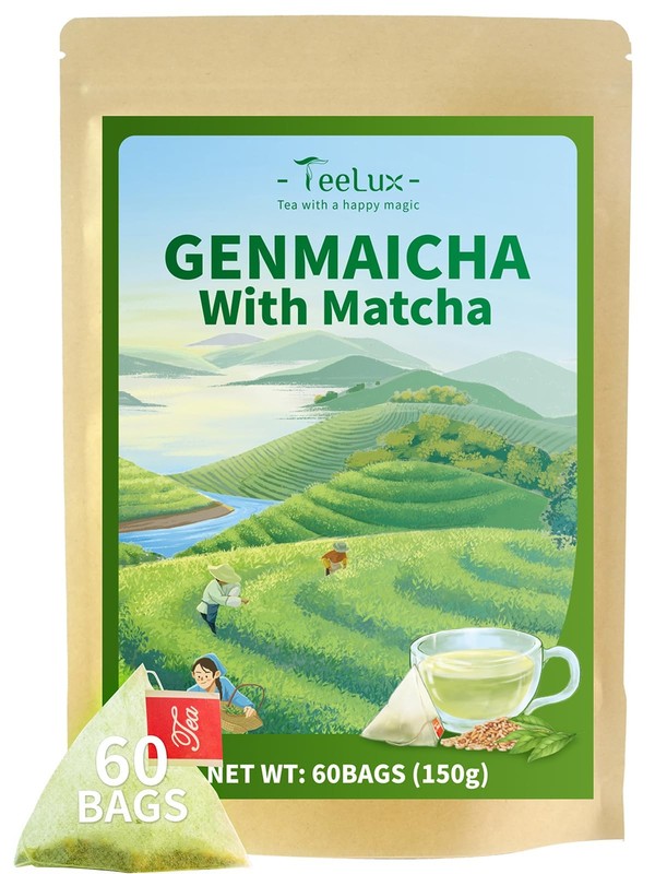 60 Count Genmaicha Tea Bags with Sencha Green Tea Matcha Roasted Brown Rice