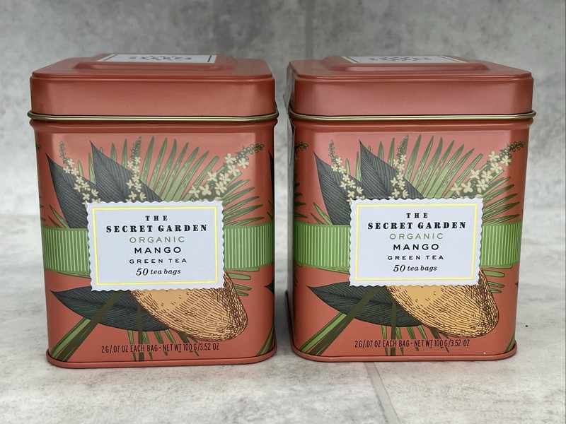 2 Tins! SECRET GARDEN ORGANIC MANGO CEYLON GREEN TEA~ 50 BAGS EACH ~10/2026+