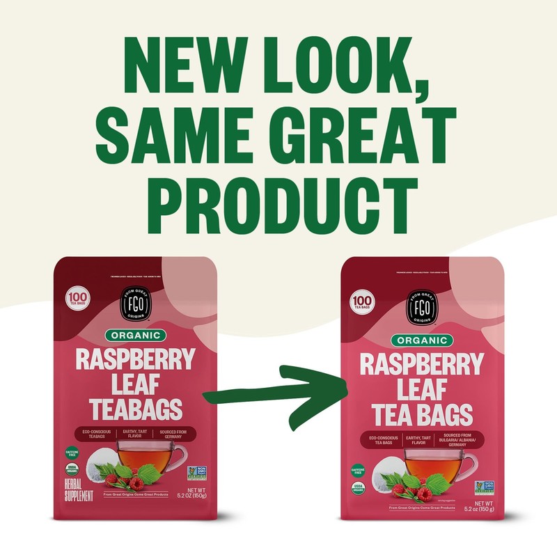 FGO Organic Red Raspberry Leaf Tea Bags, 100 Eco-Conscious Tea Bags, Caffeine... gallery