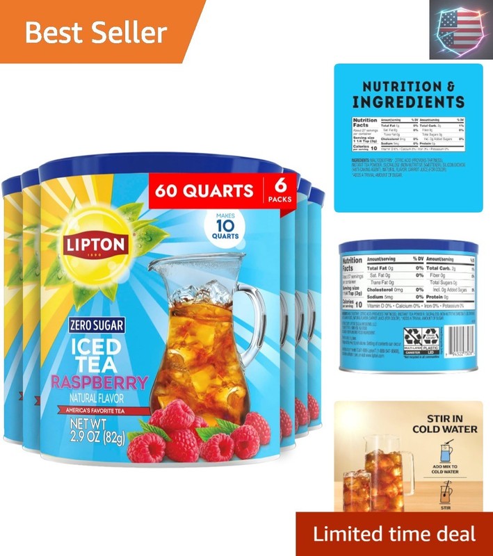 Zero Sugar Iced Tea Mix, Raspberry Flavor Black Iced Tea, Makes 10 Quarts Pac...