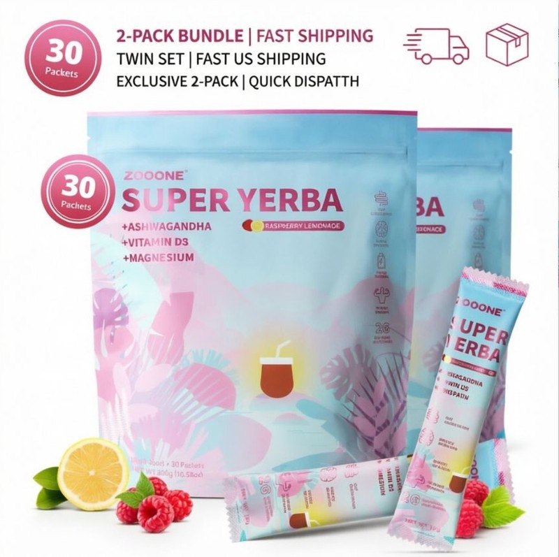 2-Pack ZOOONE Super Yerba Ashwagandha Energy Drink Raspberry Lemonade 60 Packets