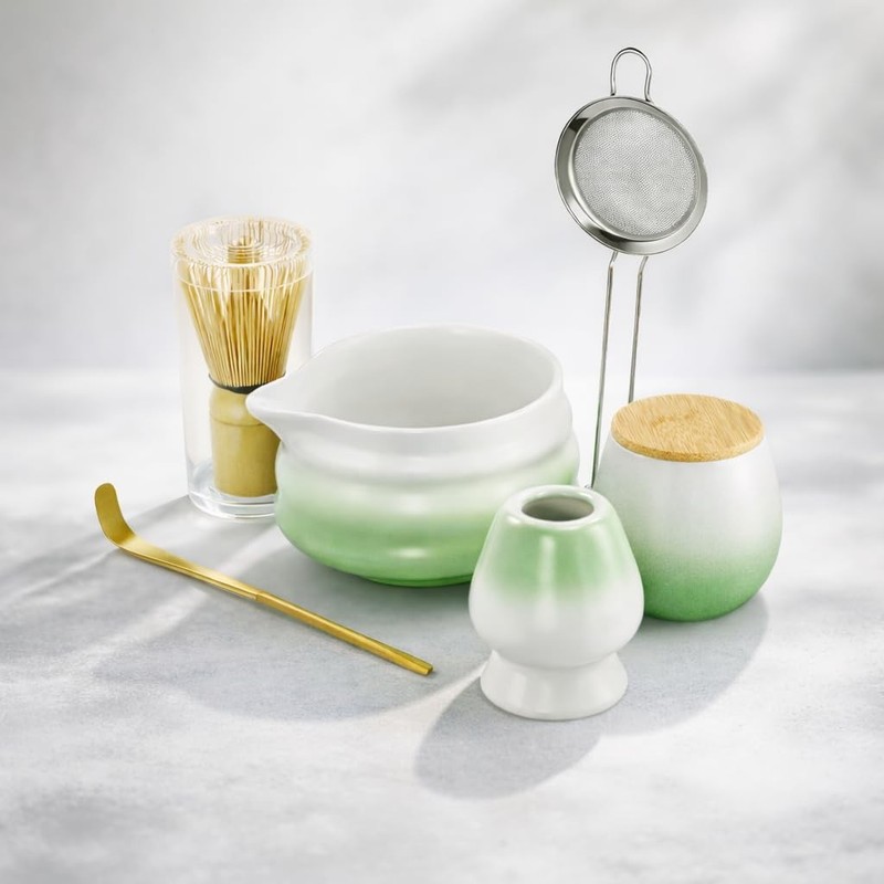 Matcha Whisk Set with Tea Caddy, Green 8 Pcs Matcha Kit Includes Bowl with Sp…