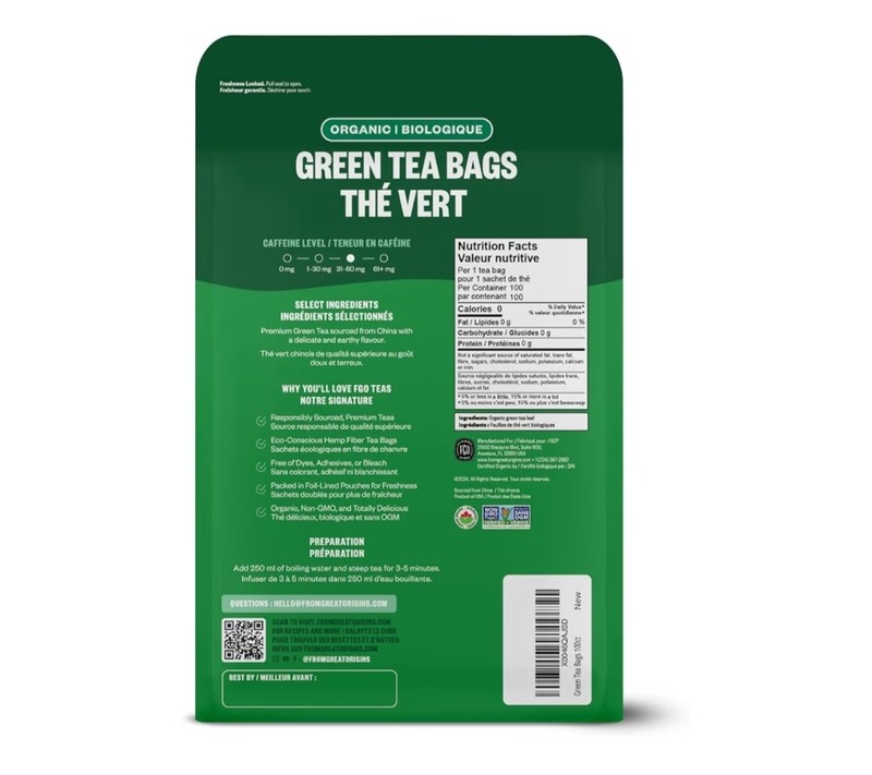 FGO Organic Green Tea Bags Bagged USDA Organic Non-GMO 100 Count 7oz 200g gallery