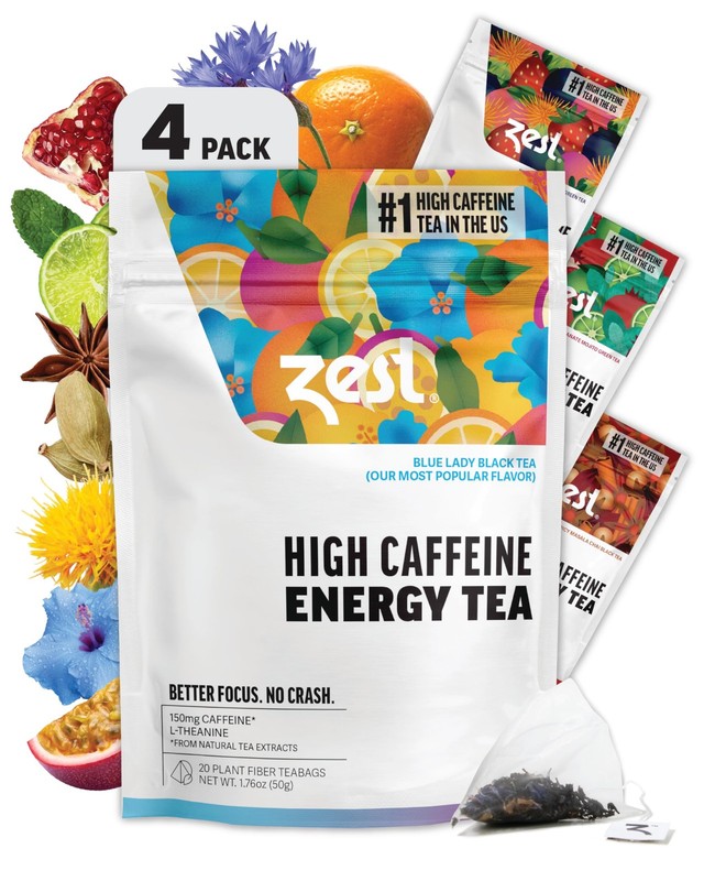 Zest Energy Tea Assortment Box – High Caffeine Tea Bags Sampler with Black & ...