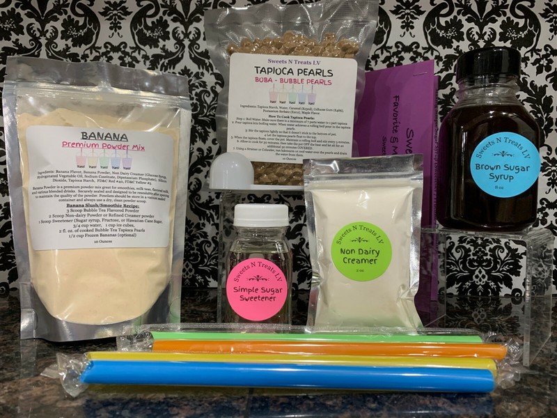 Deluxe BANANA Powder Boba Bubble Tea Tapioca Pearls Brown Sugar Syrup DIY KIT