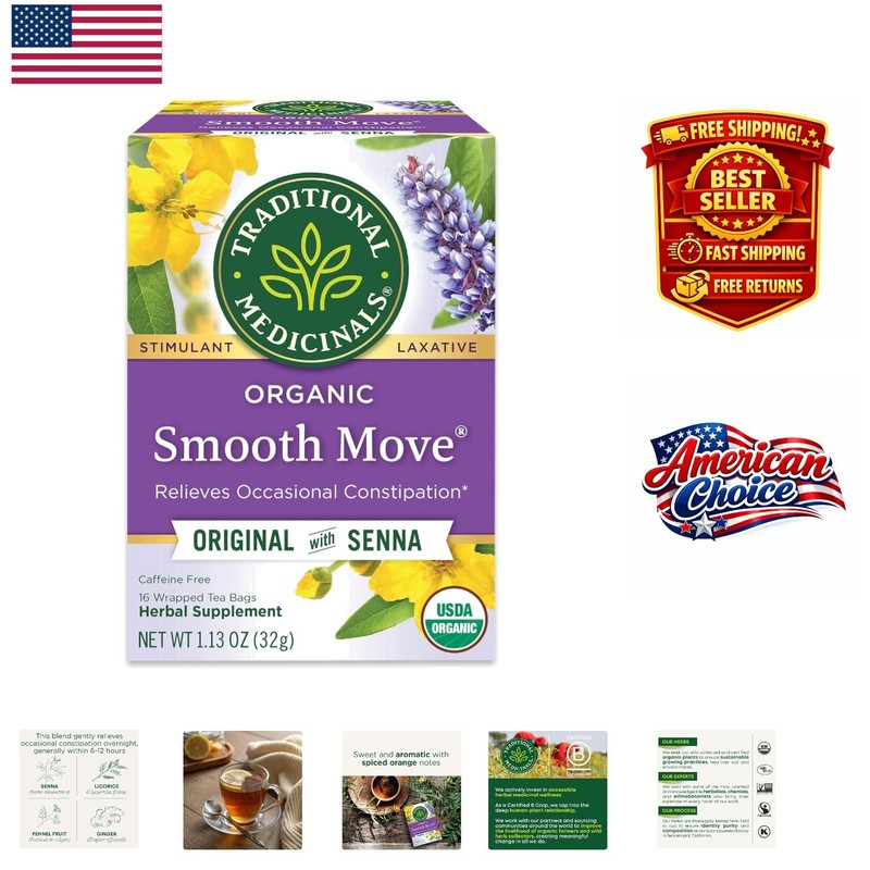 Organic Smooth Move Laxative Tea – Chamomile Flavor, 16 Bags for Gentle Relief