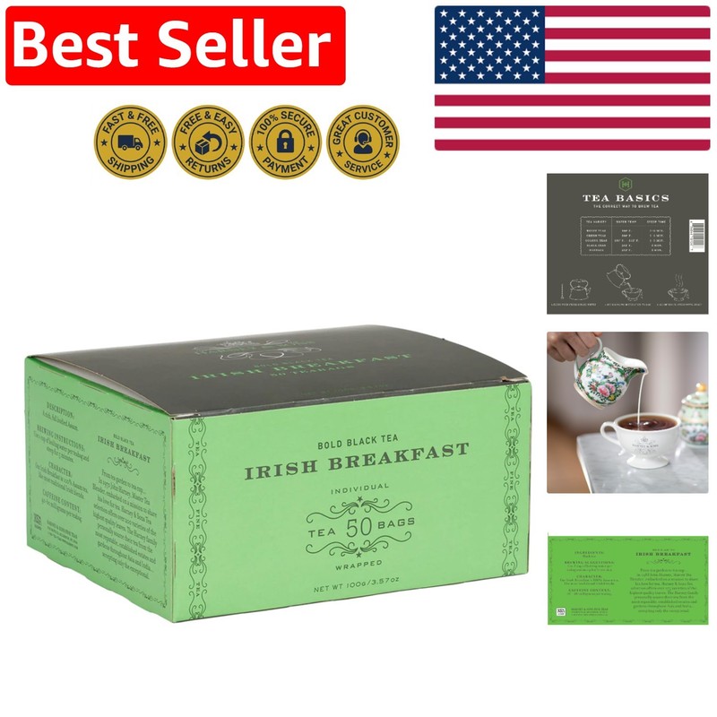 Bold Irish Breakfast Tea – 50 Wrapped Tea Bags, 100% Assam, Kosher & Caffeinated