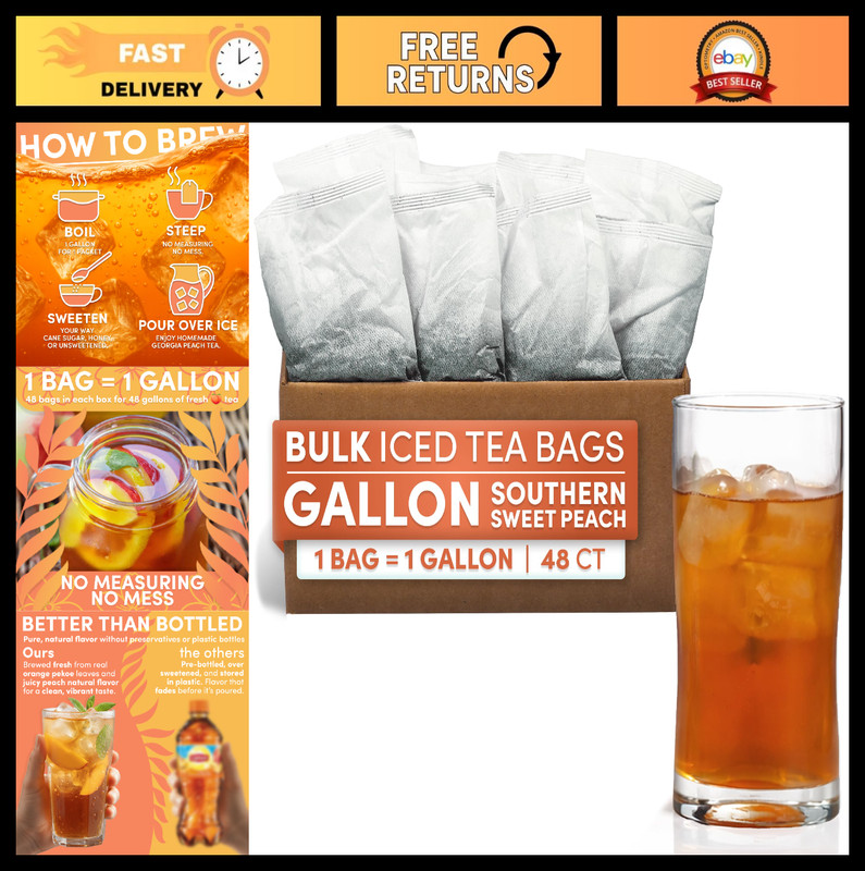 Peach Flavored Iced Tea Bags – Quick Brew Southern Style, 48 Gallons, 1 oz Packs