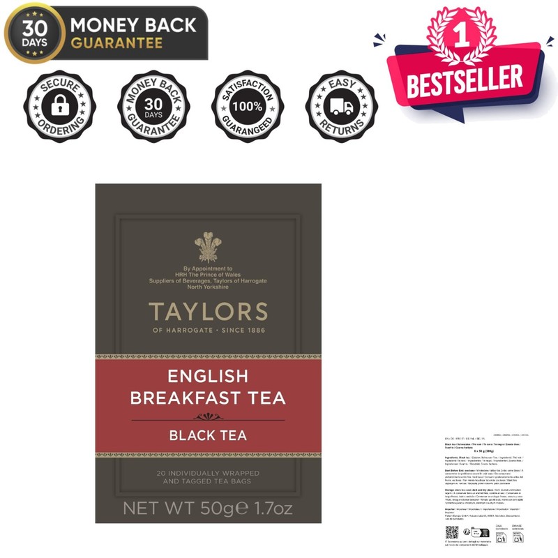 Individually Wrapped English Breakfast Black Tea Bags – Rich & Malty, 20 Count