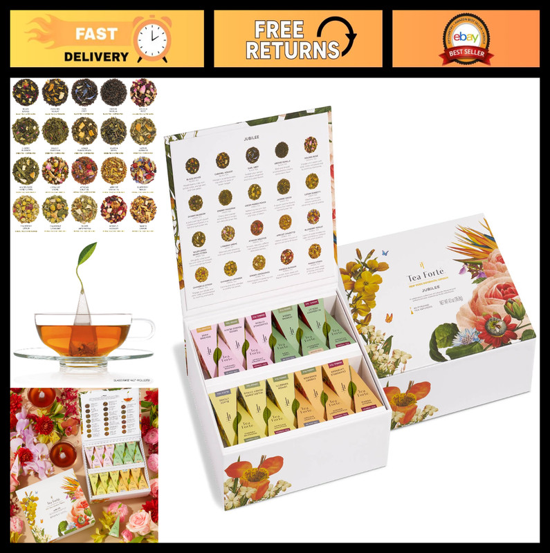 Premium Tea Chest Gift Set – 40 Count Sampler, Individually Wrapped Pyramid Infu