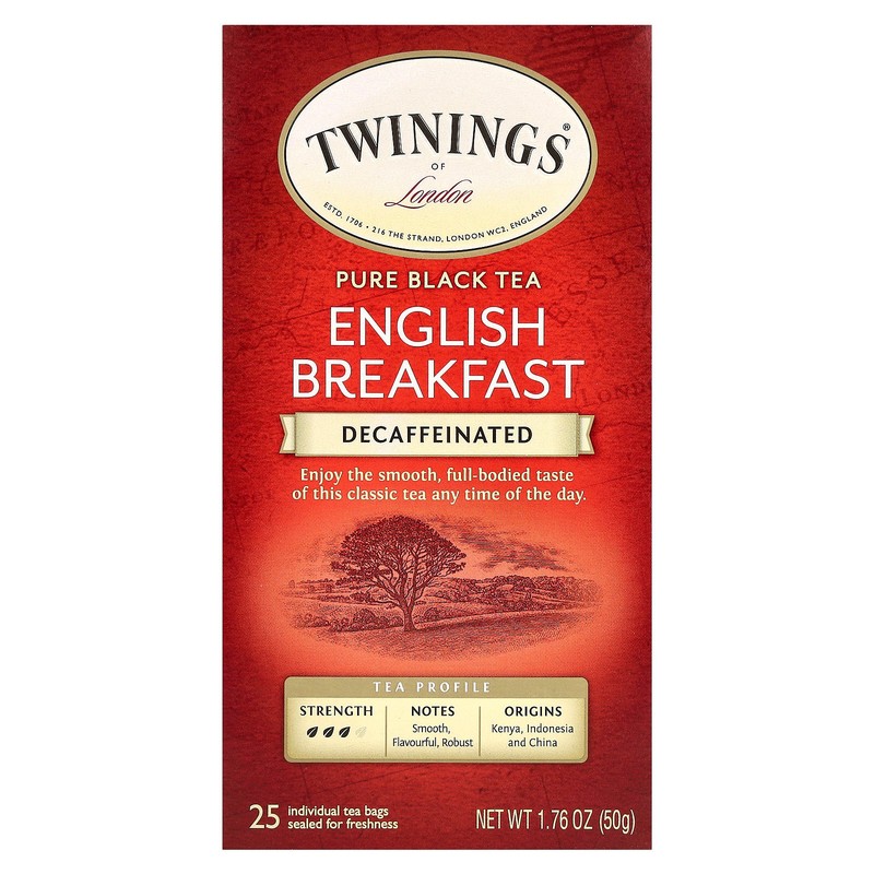 Pure Black Tea, English Breakfast, Decaffeinated, 25 Tea Bags, 1.76 oz (50 g)
