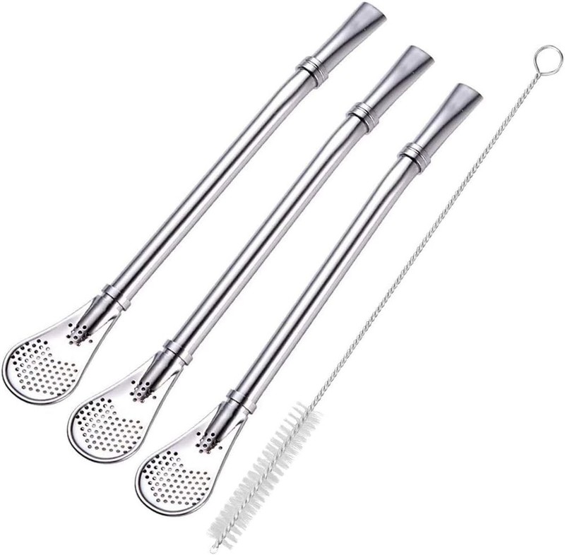 3 Pcs Stainless Steel Straw Filter Spoon Yerba Mate Bombilla Straws with Brush